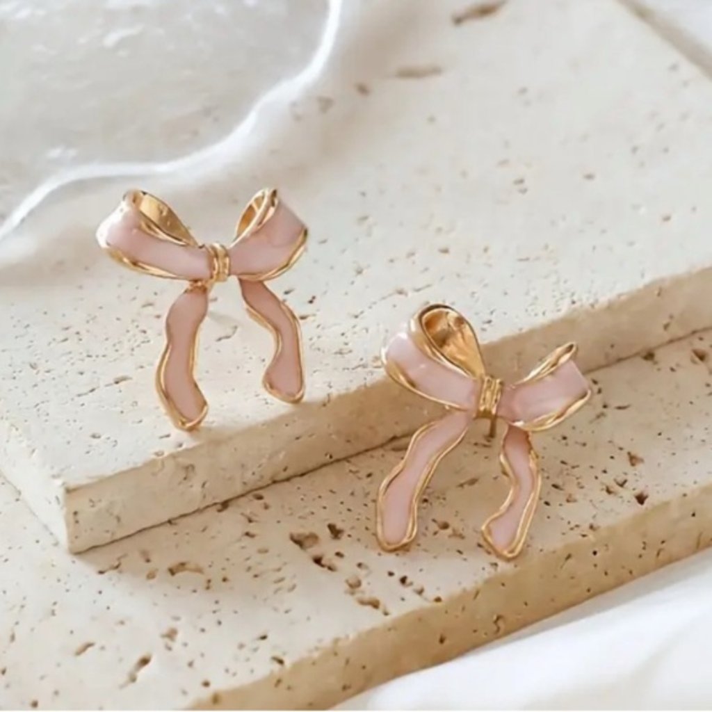 Elegant Pink And Gold Bow Earrings